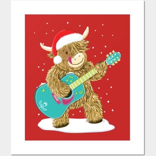 Scottish Highland Cow Plays Guitar In The Christmas Snow Posters and Art